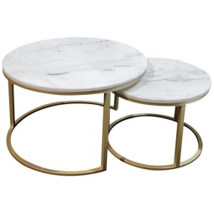 Set of 2 Miller Nesting Round Marble Coffee Table Gold Frame - White