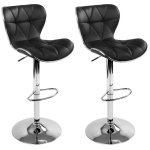 Set of 2 PU Leather Patterned Bar Stools - Black and Chrome