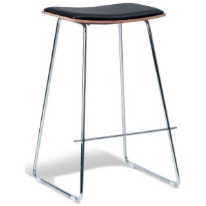 Set of 2 - Porter Nordberg Kitchen Counter Bar Stool 73m - Chrome Frame - Natural Veneer - Black Cushion Seat