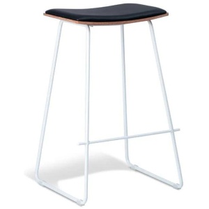 Set of 2 - Porter Nordberg Kitchen Counter Bar Stool 73m - White Frame - Natural Veneer - Black Cushion Seat