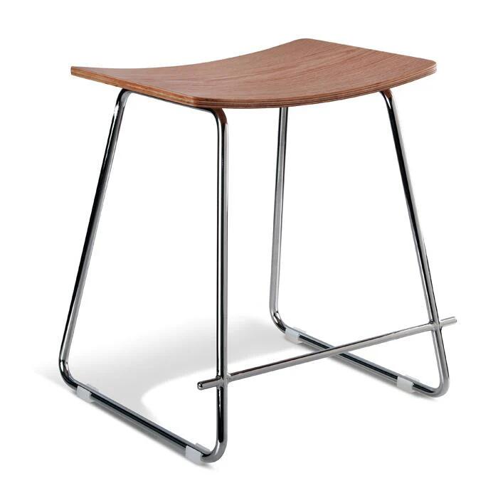 Set of 2 - Porter Nordberg Kitchen Low Stool 47cm - Chrome Frame - Natural Veneer Seat