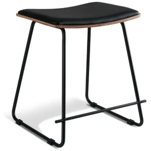 Set of 2 - Porter Nordberg Kitchen Low Stool 48cm - Black Frame - Natural Veneer - Black Cushion Seat