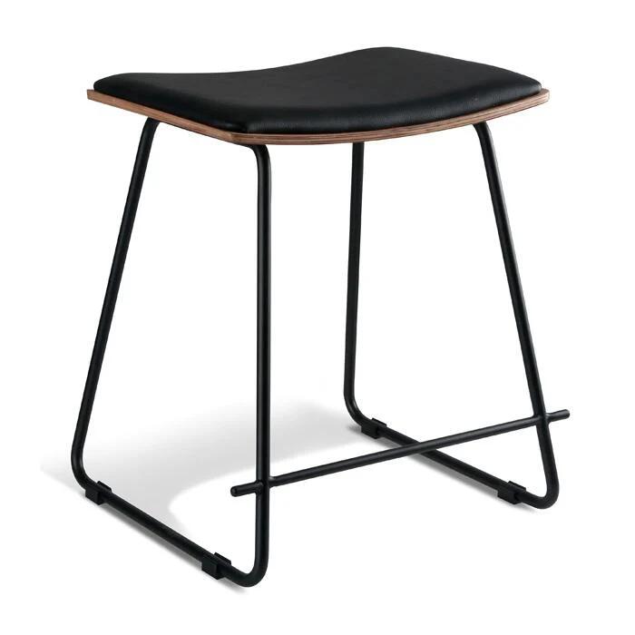 Set of 2 - Porter Nordberg Kitchen Low Stool 48cm - Black Frame - Natural Veneer - Black Cushion Seat