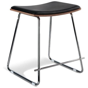 Set of 2 - Porter Nordberg Kitchen Low Stool 48cm - Chrome Frame - Natural Veneer - Black Cushion Seat