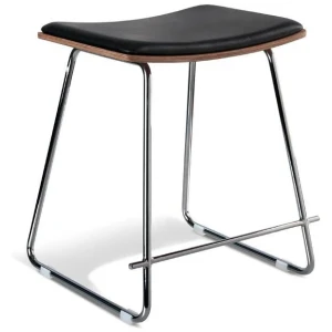 Set of 2 - Porter Nordberg Kitchen Low Stool 48cm - Chrome Frame - Natural Veneer - Black Cushion Seat