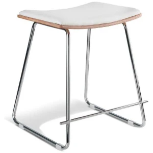 Set of 2 - Porter Nordberg Kitchen Low Stool 48cm - Chrome Frame - Natural Veneer - White Cushion Seat