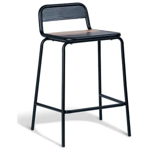 Set of 2 - Sam Aurora Industrial Flat Bar Stool - 65cm - Black Frame - Brown Timber Seat