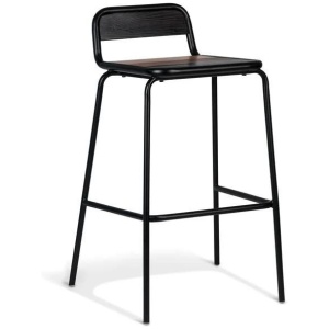 Set of 2 - Sam Aurora Industrial Flat Bar Stool - 75cm - Black Frame - Brown Timber Seat
