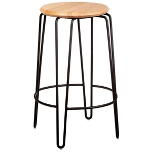 Set of 2 - Storo Bar Stool 65cm - Black Frame - Natural Timber Seat