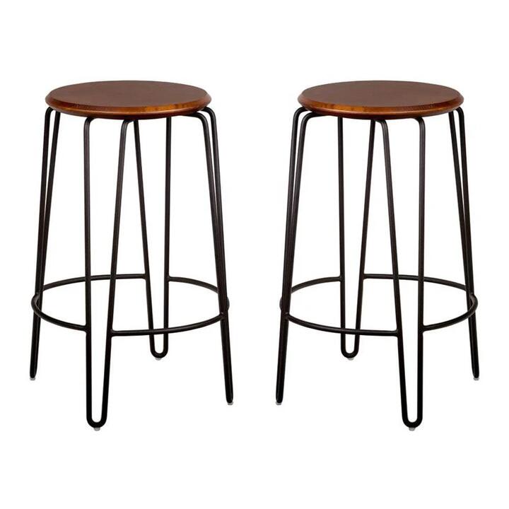 Set of 2 - Storo Bar Stool 65cm - Black Frame - Walnut Timber Seat