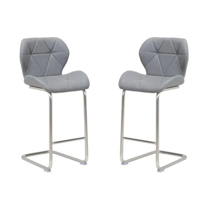 Set of 2 Terry Faux Leather Bar Stool 66cm - Brused Stainless Legs - Grey