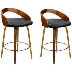 Set of 2 Walnut Wood Bar Stools - Black and Brown