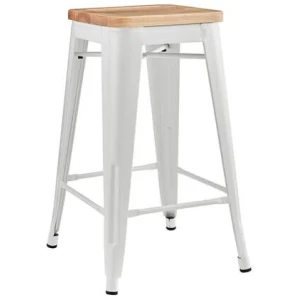 Set of 2 Xavier Pauchard Replica Tolix Kitchen Counter Bar Stools 65cm W/ Wood Seat - White