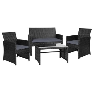 Set of 4 Outdoor Wicker Chairs & Table - Black