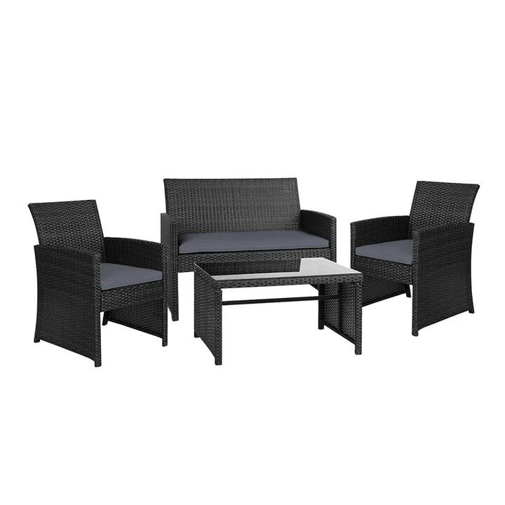 Set of 4 Outdoor Wicker Chairs & Table - Black
