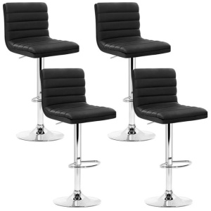 Set of 4 PU Leather Lined Pattern Bar Stools- Black and Chrome
