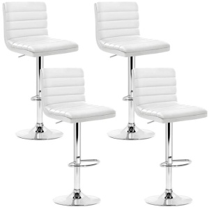 Set of 4 PU Leather Lined Pattern Bar Stools- White and Chrome