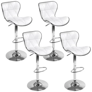 Set of 4 PU Leather Patterned Bar Stools - White and Chrome