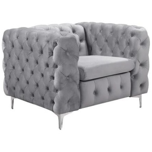 Single Seater Grey Sofa Classic Armchair Button Tufted in Velvet Fabric with Metal Legs