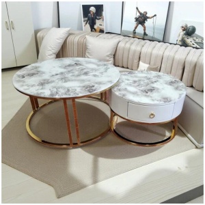 Snowy Mountain Faux Modern Marble Slate Nesting Coffee Table Set Leather Wrapped Wood Drawers