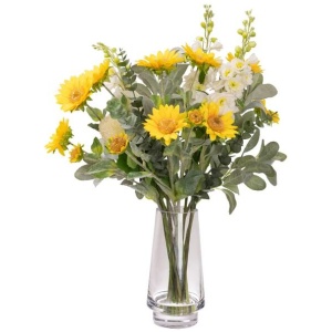 Sunflower & Delphinium Artificial Faux Plant Flower Decorative Arrangement In Glass