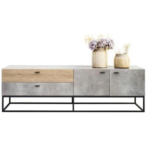 TV Stand Cabinet Entertainment Unit - Black Metal Legs - Dark Oak / Cement Grey