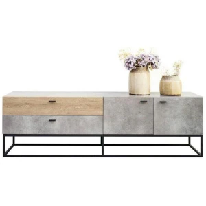 TV Stand Cabinet Entertainment Unit - Black Metal Legs - Dark Oak / Cement Grey