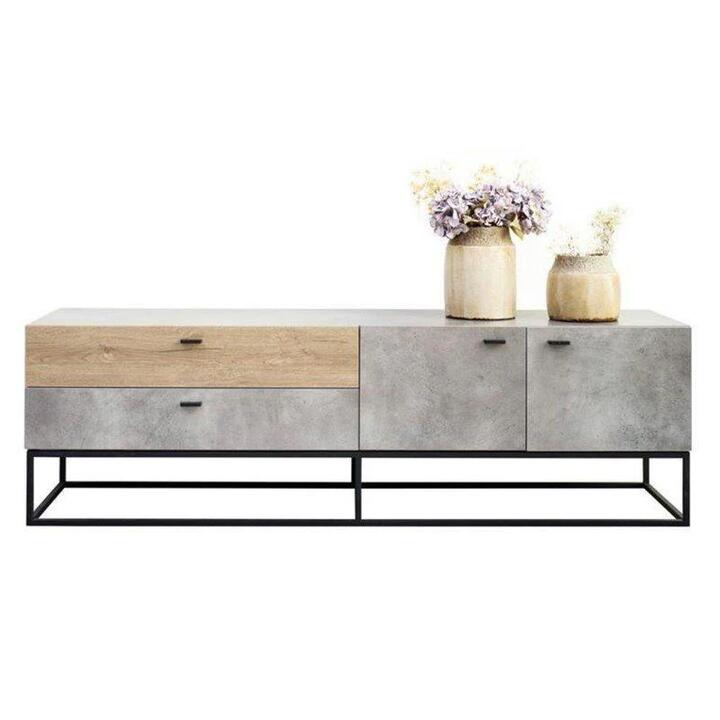 TV Stand Cabinet Entertainment Unit - Black Metal Legs - Dark Oak / Cement Grey