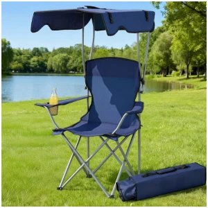 Weisshorn Camping Chair With Canopy Folding Outdoor Portable Seat Lightweight Beach Picnic Fishing Capacity 120KG Navy Blue