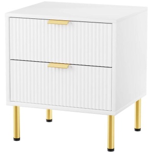 White Bedside Table with 2 Drawers - Modern Nightstand with Metal Legs & Gold Handles