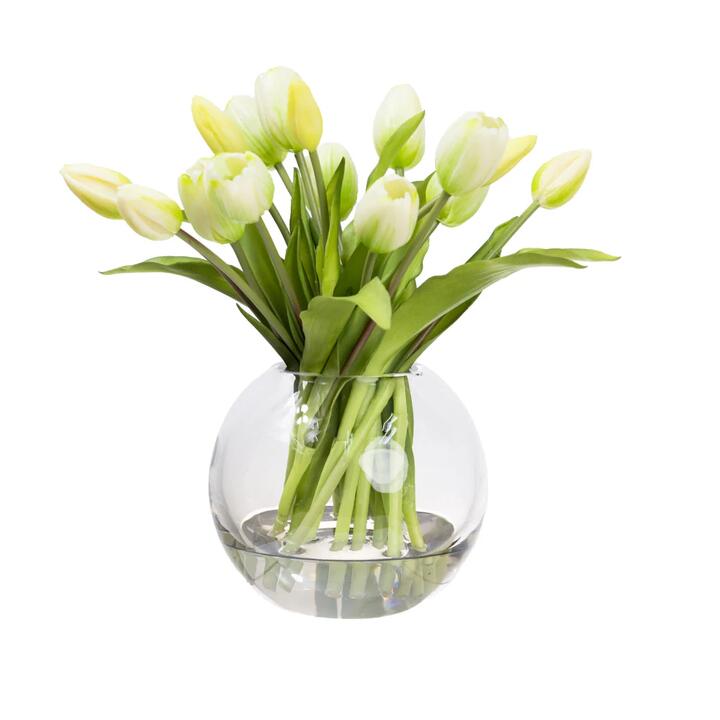 White Tulip 29cm Artificial Faux Flower Plant Decorative Arrangement In Fishbowl