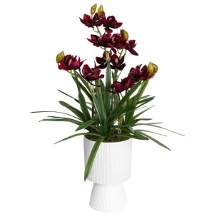 Wine Cymbidium Artificial Plant Flower Arrangement Decorative In Ripple Pot