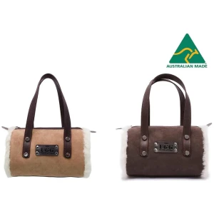 Women Sheepskin Wool Small Hand Carry Shoulder Strap Zip Barrell Bag - Chestnut / One Size