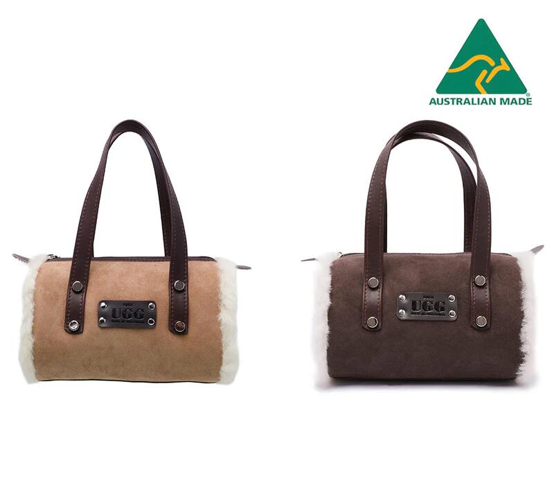 Women Sheepskin Wool Small Hand Carry Shoulder Strap Zip Barrell Bag - Chestnut / One Size