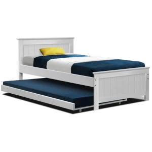 Wooden Trundle Bed Frame Timber Slat King Single Size White