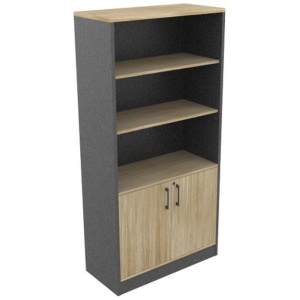 Xavier 2-Doors High Bookcase Display Cabinet W/ Adjustable Shelf - Oak & Ironstone