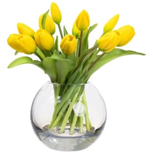 Yellow Tulip Artificial Faux Flower Plant Decorative Arrangement In Fishbowl