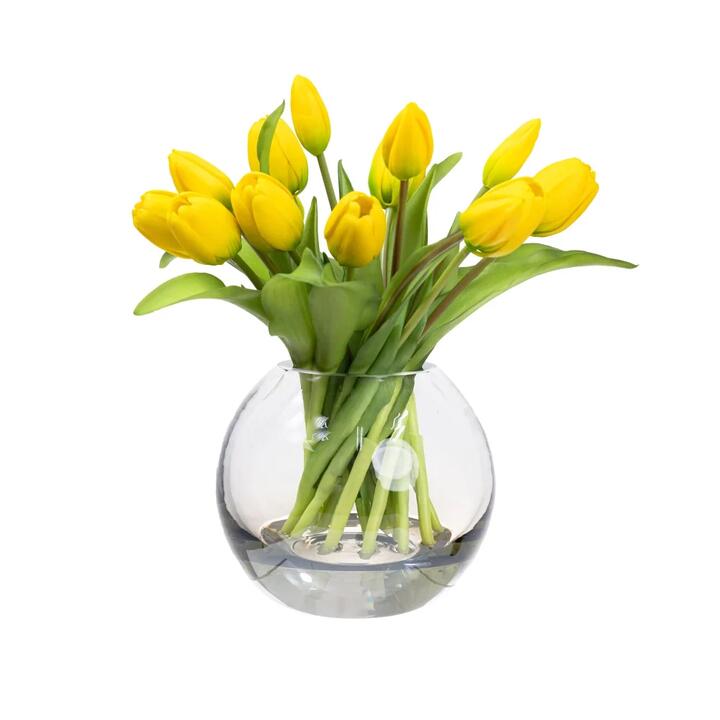 Yellow Tulip Artificial Faux Flower Plant Decorative Arrangement In Fishbowl