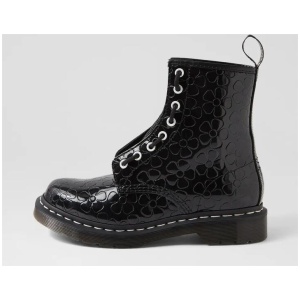 1460 Jungle 8 Eye Black Flower Embossed Patent Leather Boots