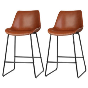 2 Pcs Bar Stools Kitchen Metal Bar Stool Dining Chairs Leather Brown