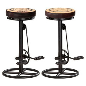 2 Pcs Bar Stools With Canvas Print Black And Brown Real Leather