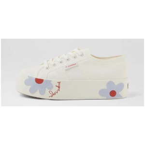 2790 Rubber Daisy White Azure Red Daisies Canvas Lace Up Flats