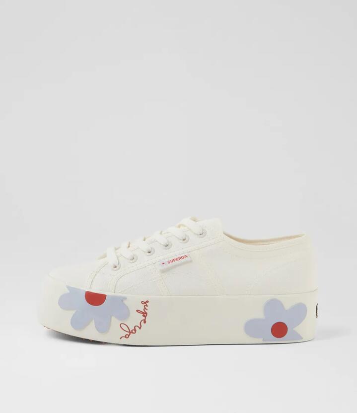 2790 Rubber Daisy White Azure Red Daisies Canvas Lace Up Flats