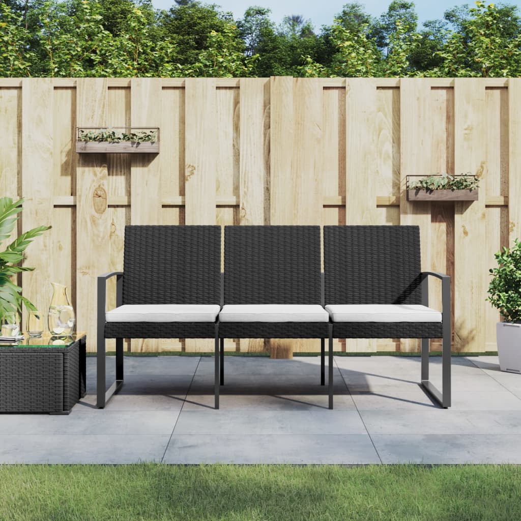 3 Seater Garden Bench with Cushions Black PP Rattan
