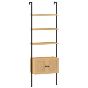 5 Tier Ladder Bookcase With Rattan Cabinet And Metal Frame