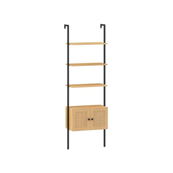 5 Tier Ladder Bookcase With Rattan Cabinet And Metal Frame