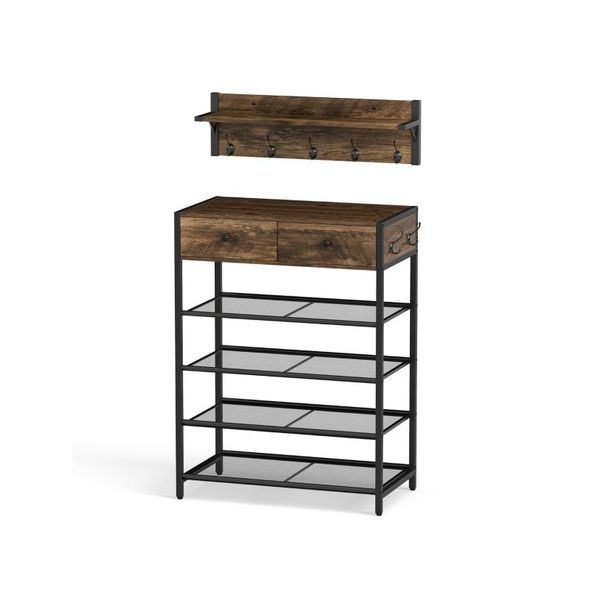 5 Tier Shoe Rack With Wall Mounted Coat Rack And Hooks