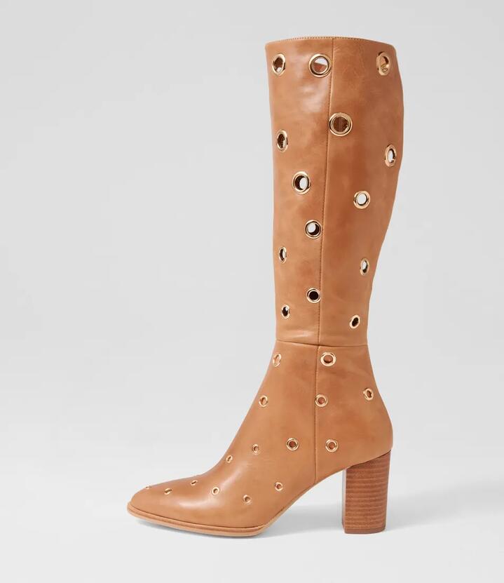 Akhila Tan Leather Knee High Boots