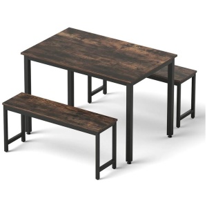 Artiss Dining Table and Chairs Set 3PCS Kitchen Metal Desk Bench Dark Walnut