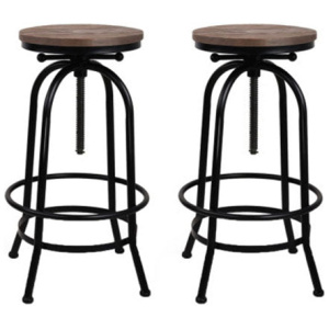 Bar Stool Industrial Round Seat Wood Metal Set Of 2